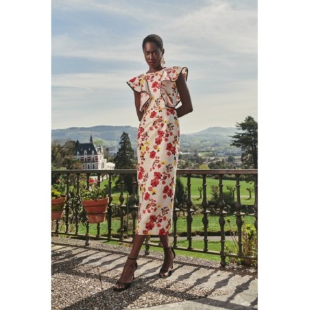 vestido con volantes y falda midi de lino bordado flores para invitadas