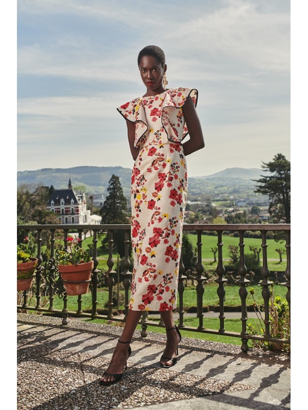 vestido con volantes y falda midi de lino bordado flores para invitadas