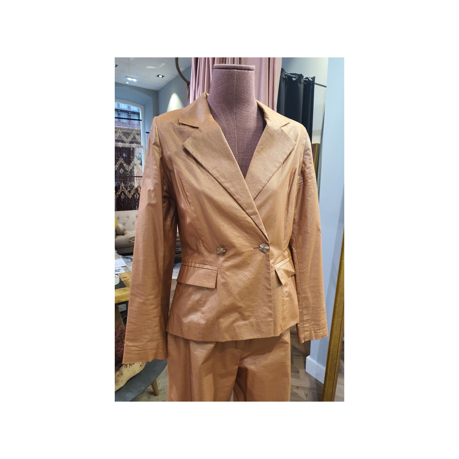 Traje chaqueta pantalón cobre metalizado