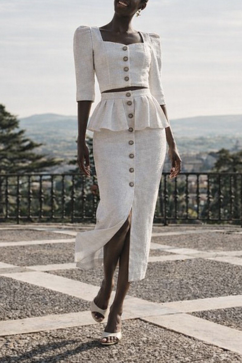 Falda brocada blanca midi joya con peplum