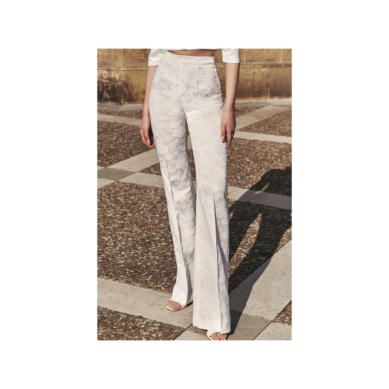 Pantalón Palazzo jacquard Blanco brocado flores novia
