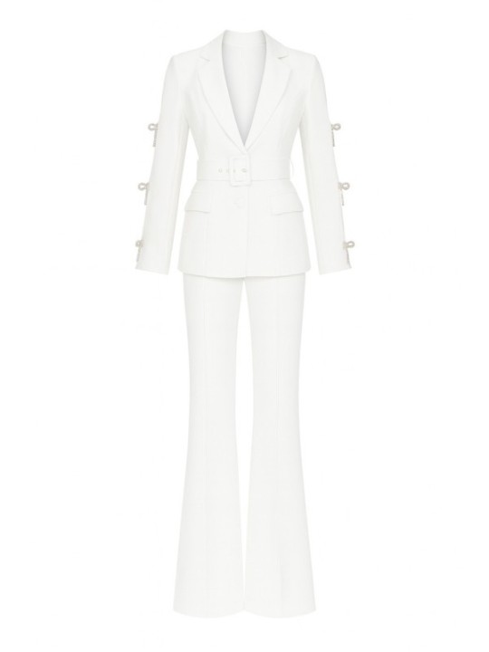 Traje chaqueta y pantalón blanco lazos joya Leonor