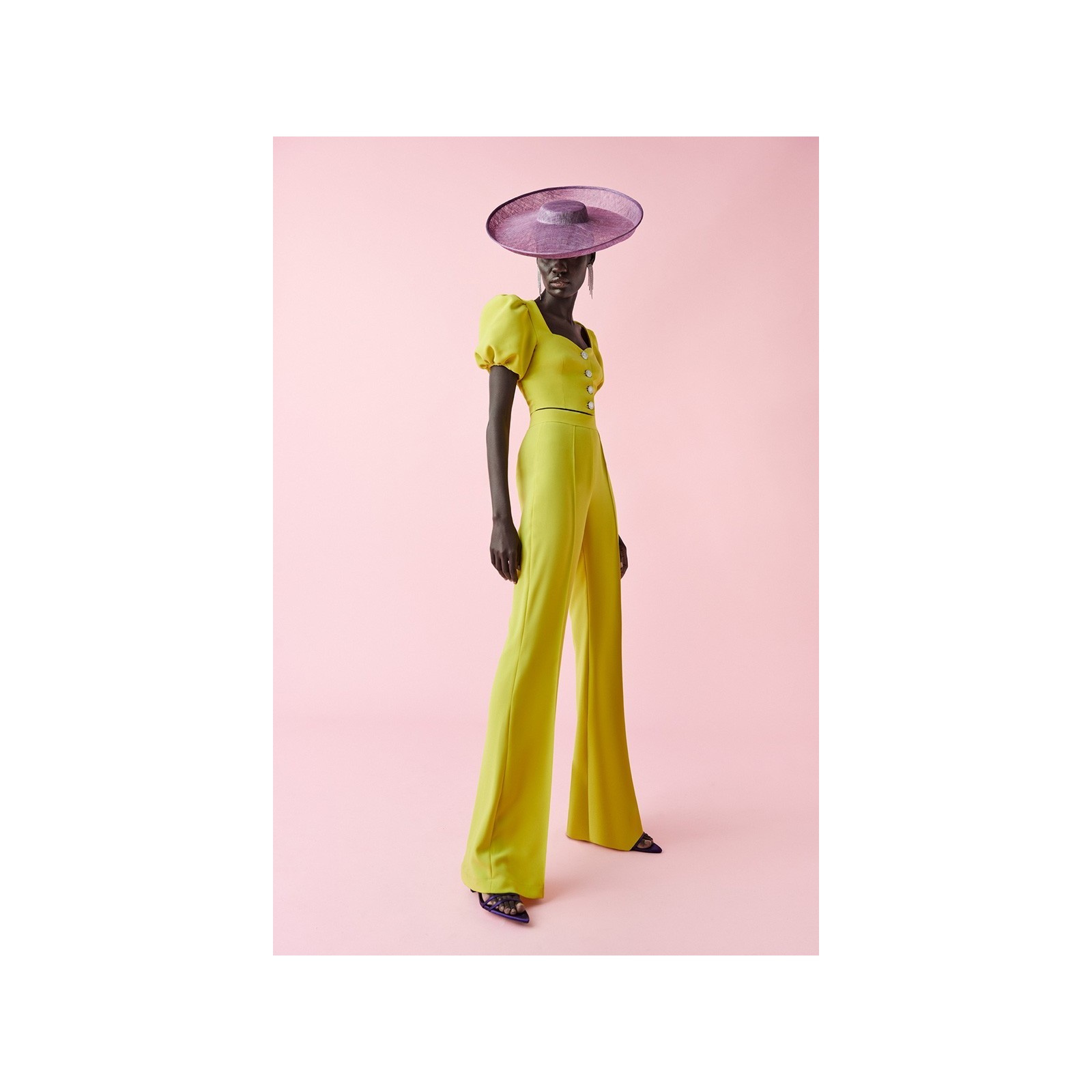 Conjunto de pantalon palazzo y top corto con botones joya en verde