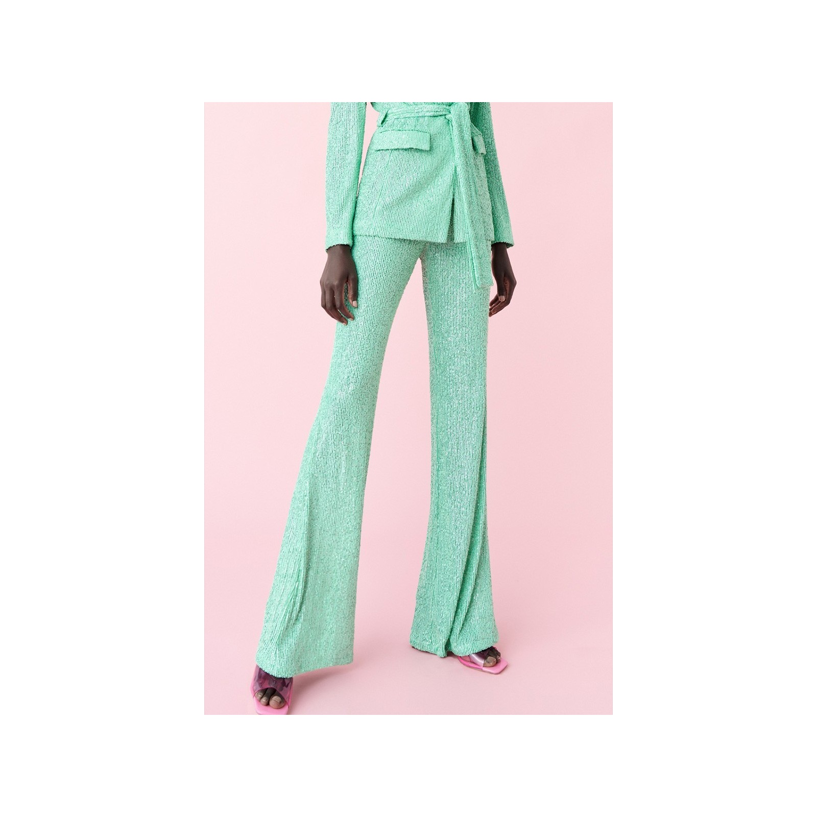 Pantalón palazzo de fiesta de lentejuelas verde aguamarina
