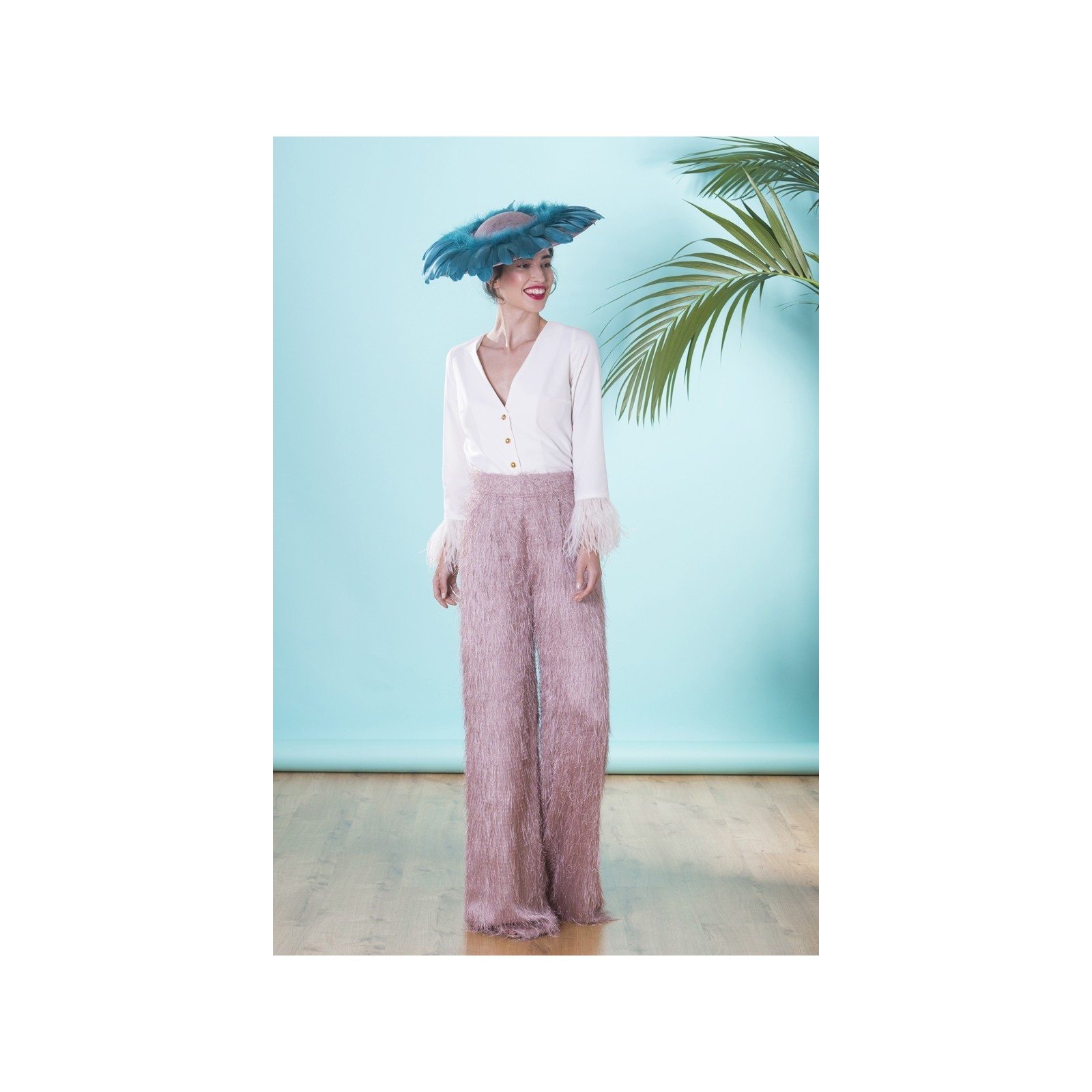 Pantalon palazzo rosa palo de flecos para invitadas