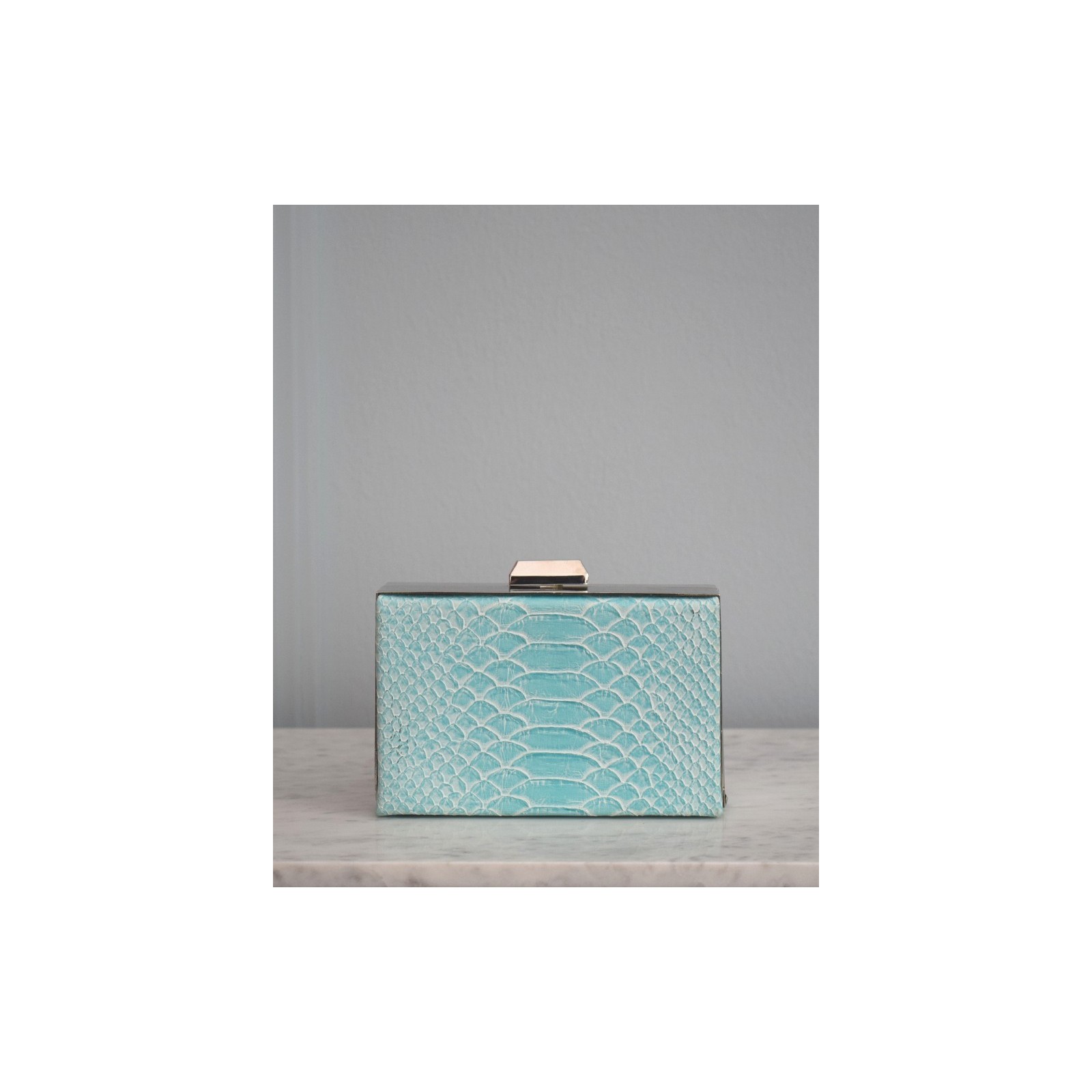Bolso azul con joya de araña roja