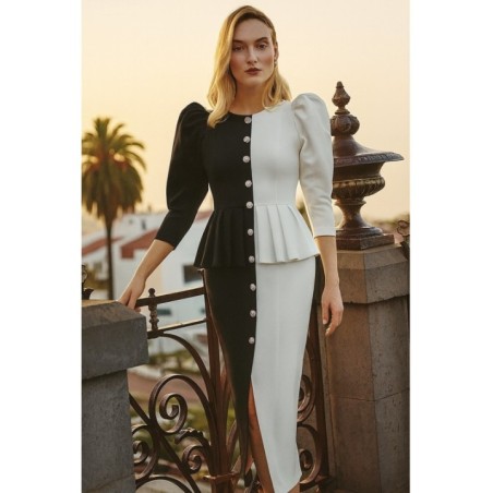 vestido midi de crepe blanco  y negro con peplum manga abullonada jamon  y boton joya