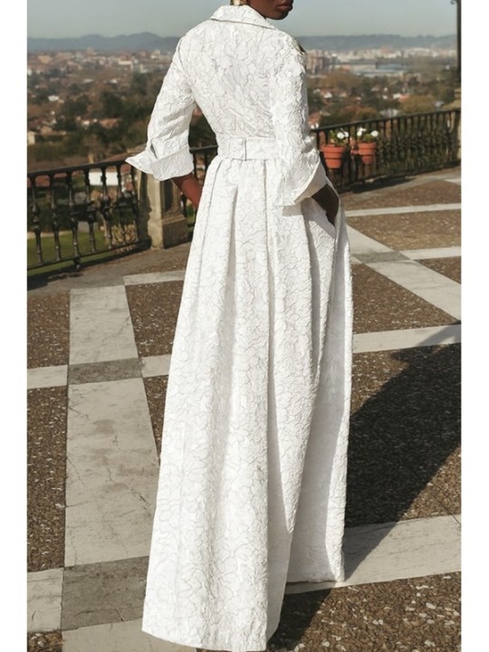 Vestido largo camisero en tejido brocado blanco