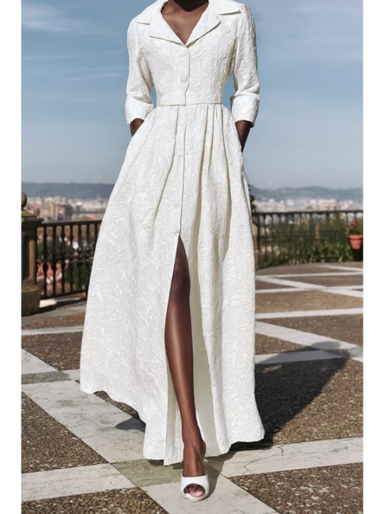 Vestido largo camisero en tejido brocado blanco