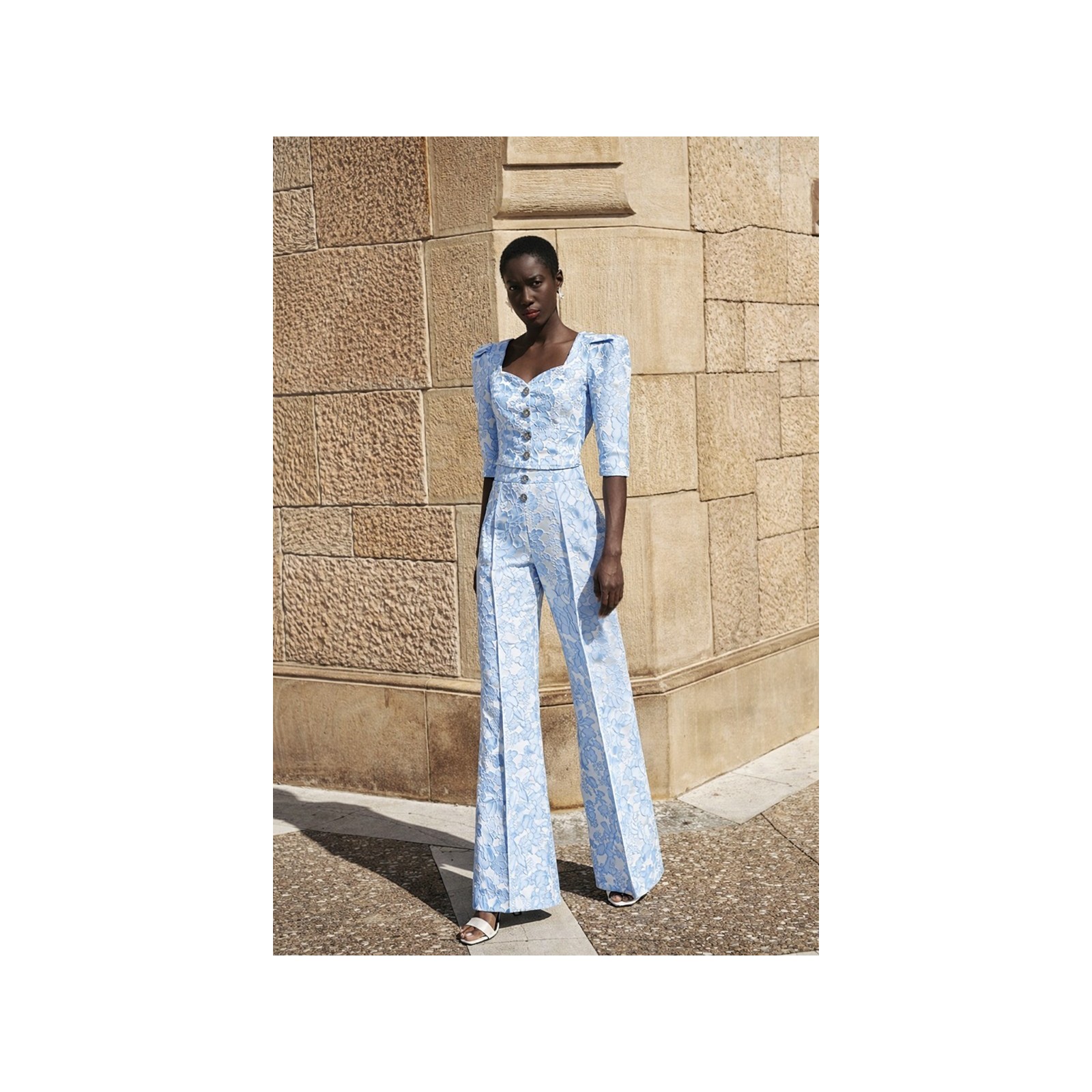 Pantalon palazzo de jacquard brocado azul claro para invitada