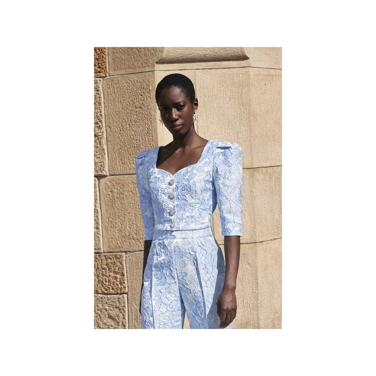 Pantalon palazzo de jacquard brocado azul claro para invitada