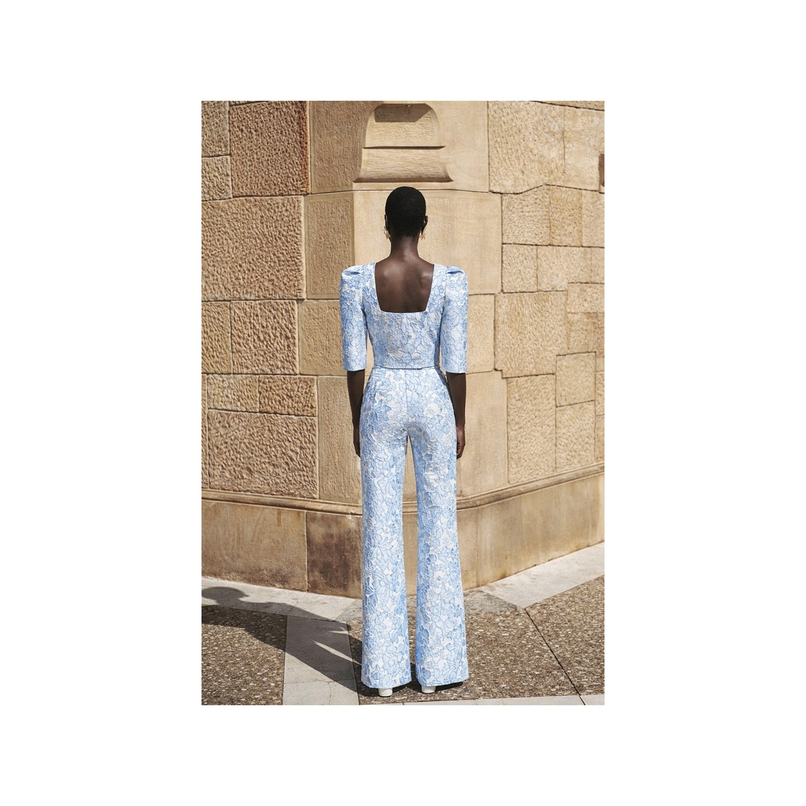 Pantalon palazzo de jacquard brocado azul claro para invitada