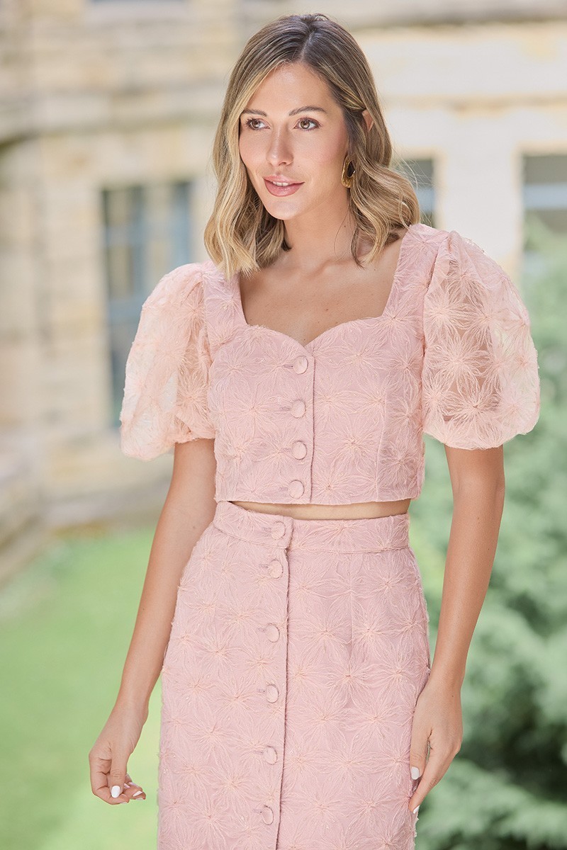 conjunto Falda tul bordado flores rosa para invitada primavera