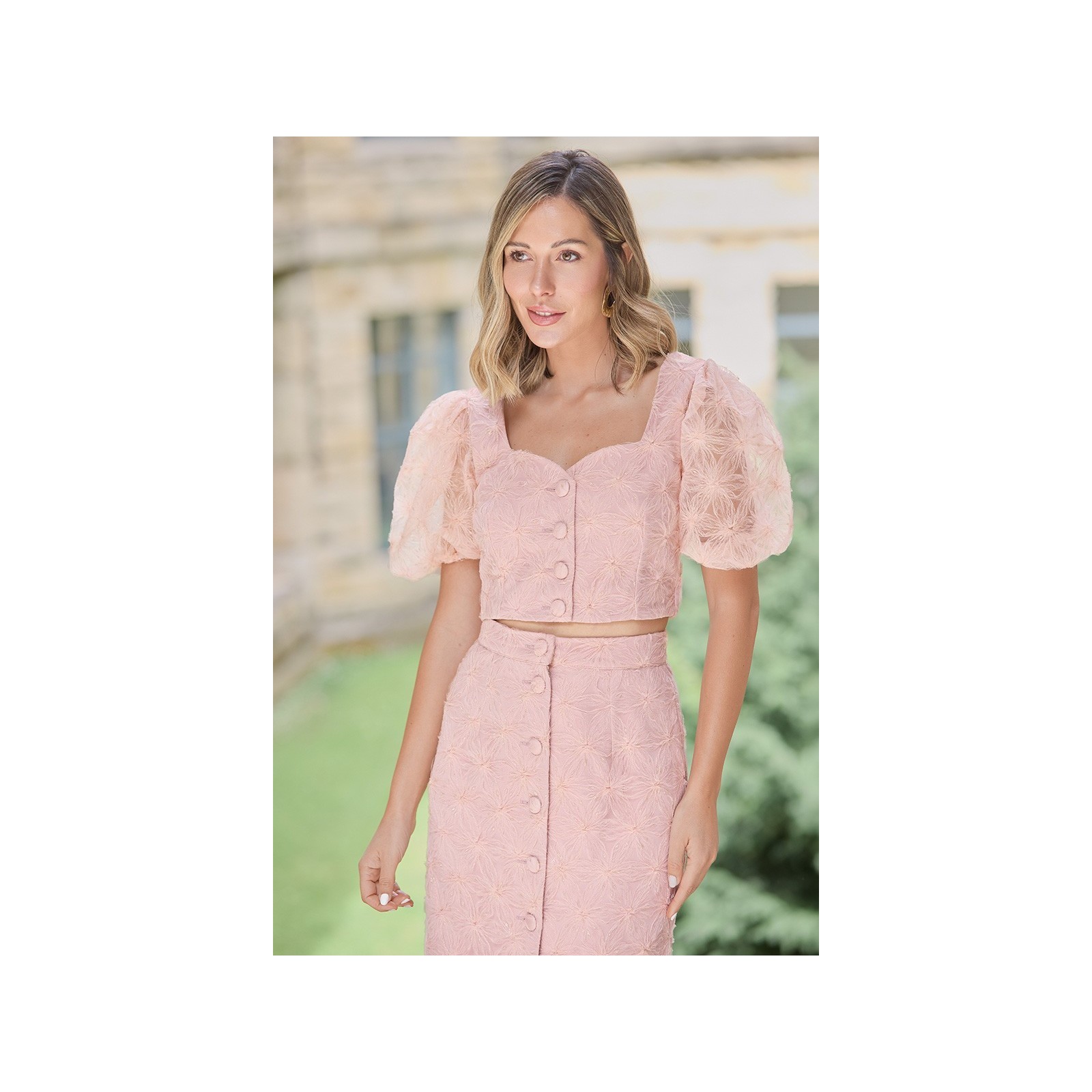 conjunto Falda tul bordado flores rosa para invitada primavera