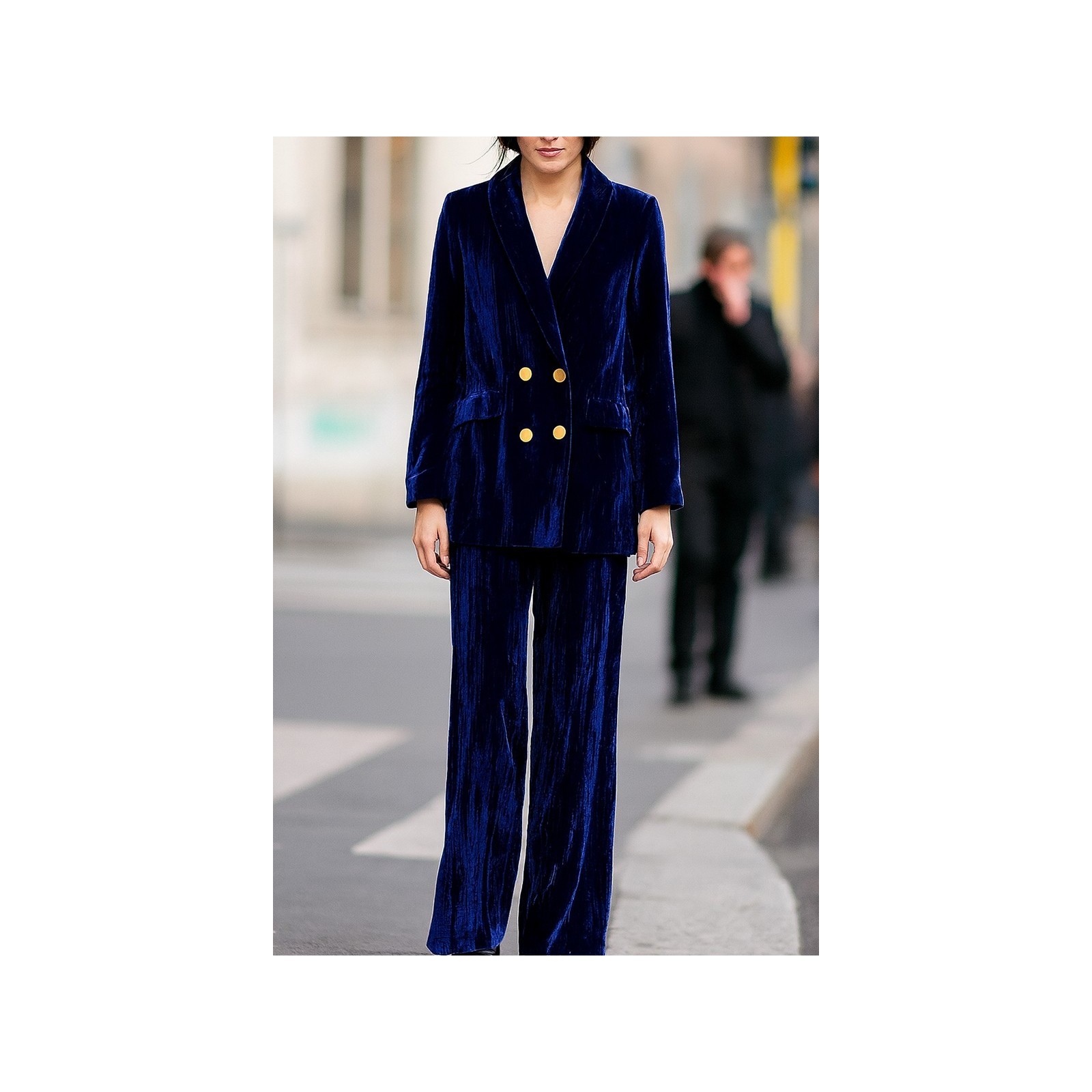 conjunto de traje y pantalón de terciopelo azul