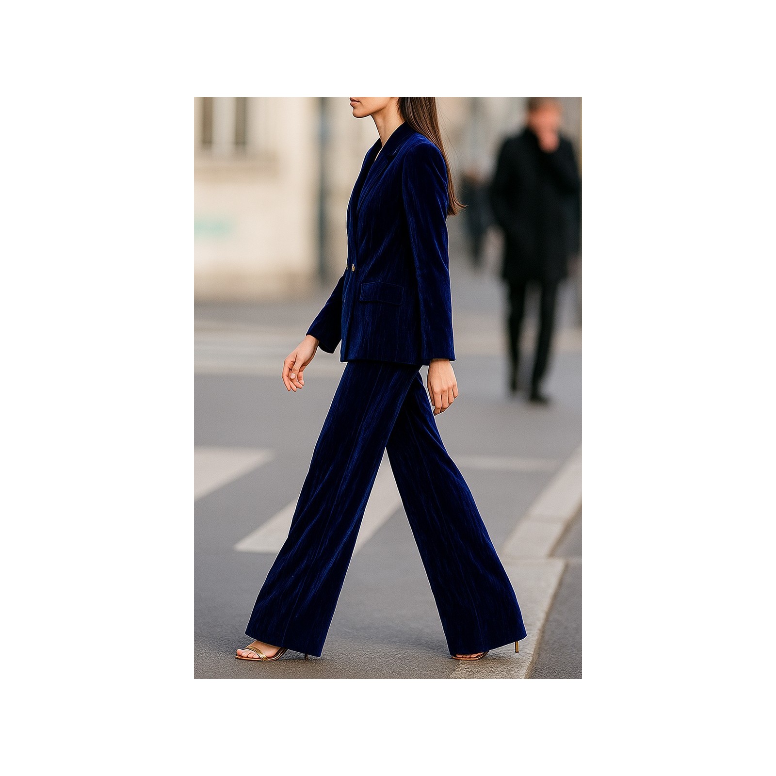 conjunto de traje y pantalón de terciopelo azul