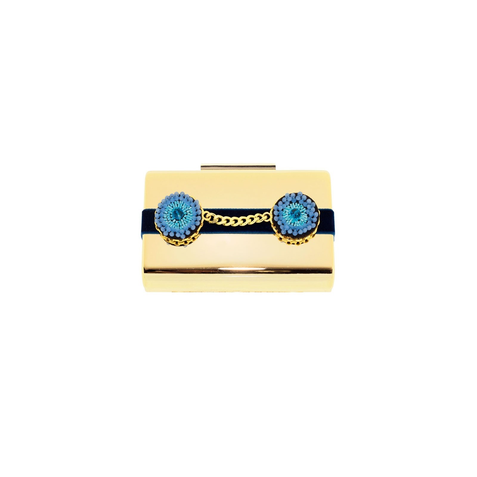 clutch laton dorado tira terciopelo azul canutillos azules cadena