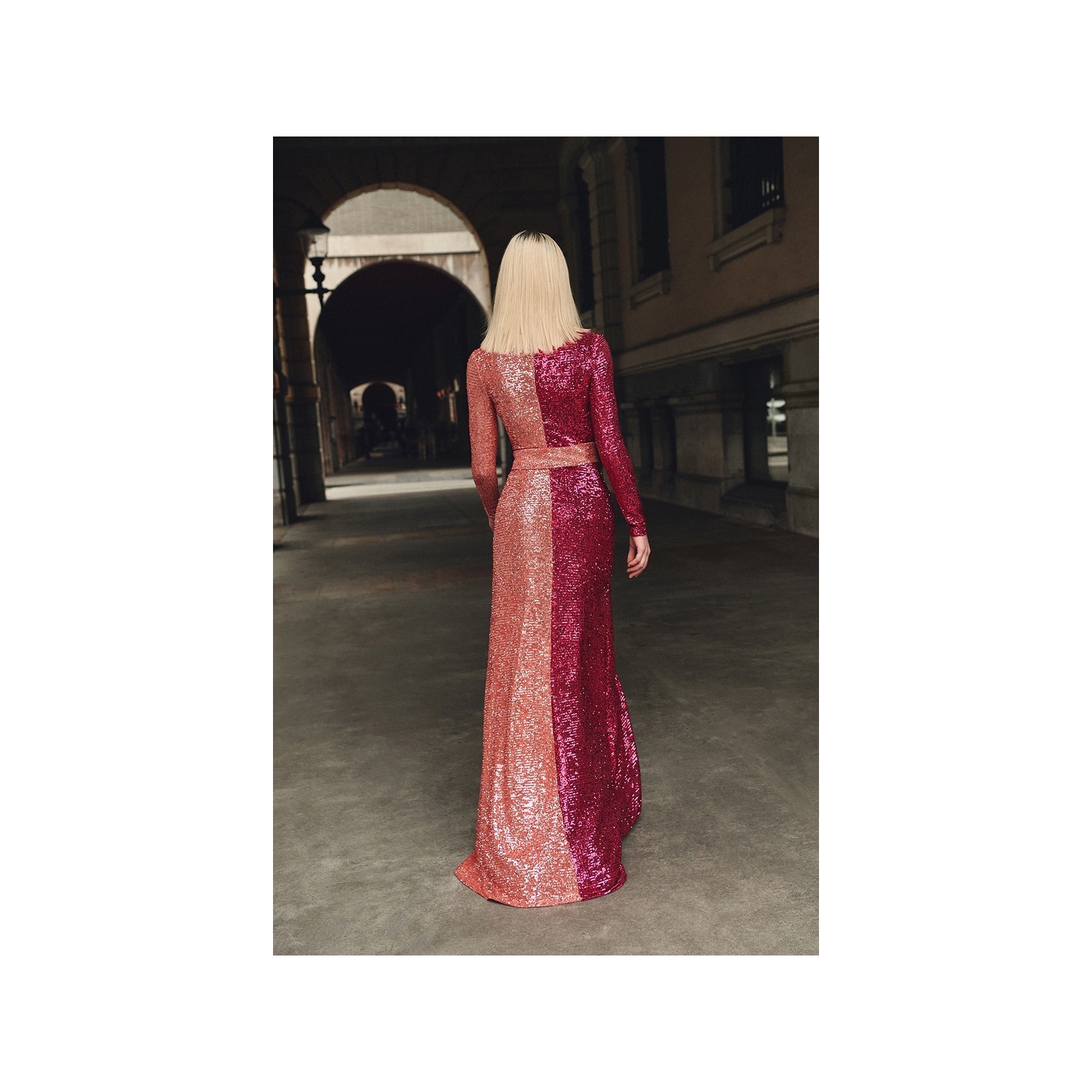 Vestido largo de fiesta en lentejuelas bicolor