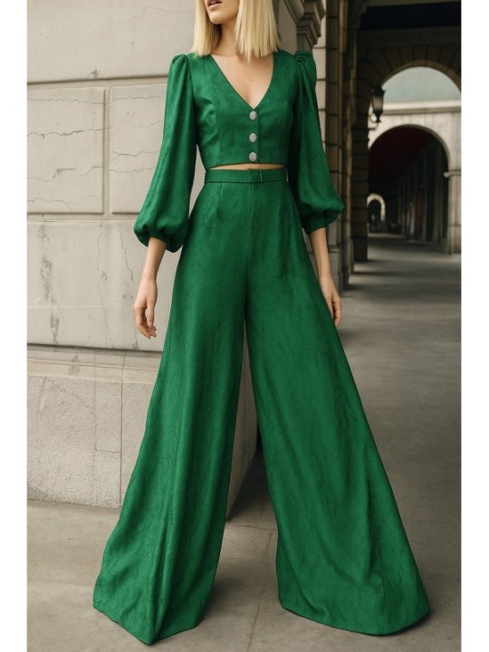 falda pantalon brocado verde invitada boda fiesta civil mama de comunion