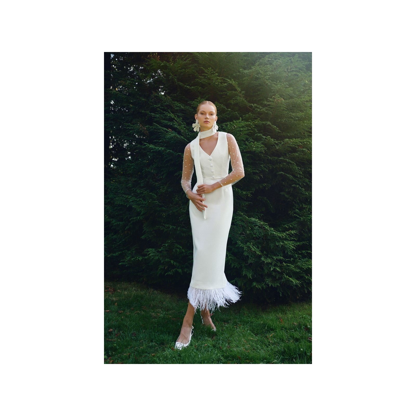 Falda midi blanca de plumas Corolla